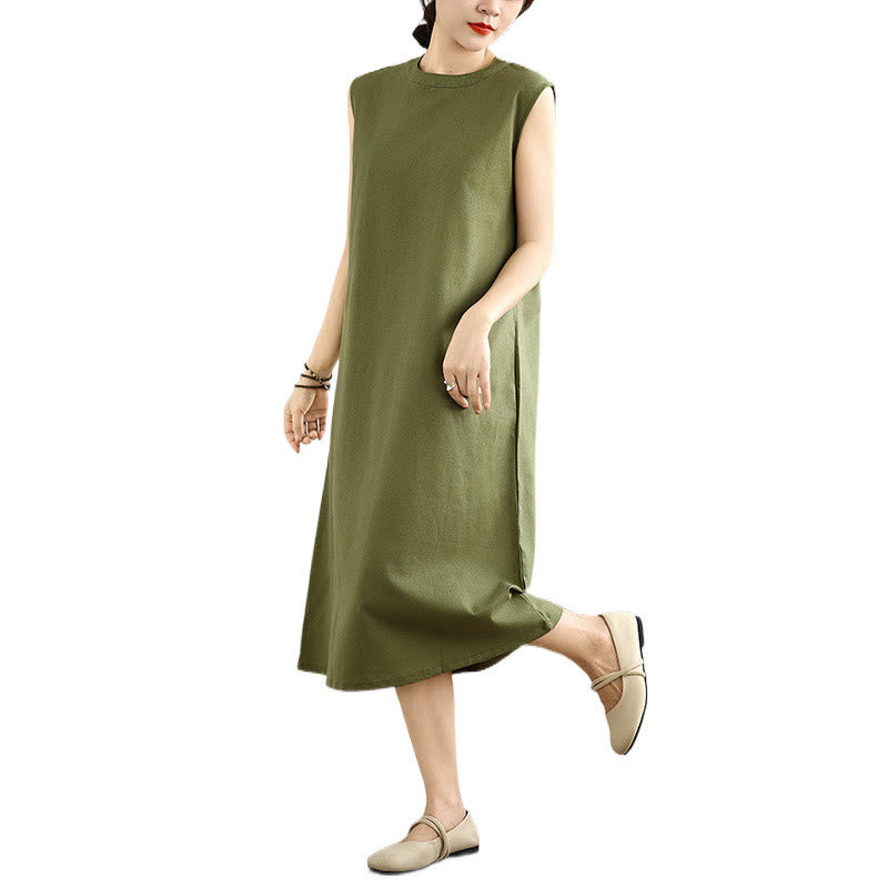 Buddha Stones Casual Plain Color Button Back Design Sleeveless Cotton Linen Midi Dress With Pockets - image 10