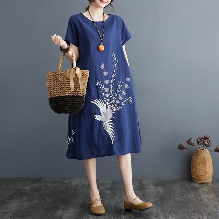 Buddha Stones Summer Printing Phoenix Pattern Short Sleeve Cotton Linen Midi Dress - image 6