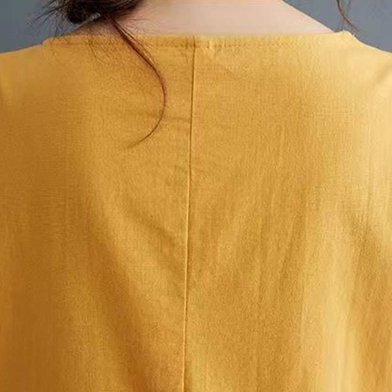 Buddha Stones Summer Printing Phoenix Pattern Short Sleeve Cotton Linen Midi Dress - image 12