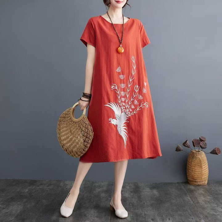Buddha Stones Summer Printing Phoenix Pattern Short Sleeve Cotton Linen Midi Dress - OrangeRed - US14，UK/AU18，EU46 (4XL) - image 0