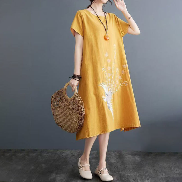 Buddha Stones Summer Printing Phoenix Pattern Short Sleeve Cotton Linen Midi Dress - image 9