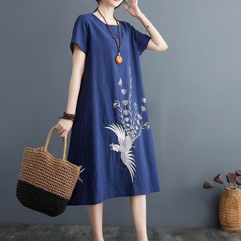 Buddha Stones Summer Printing Phoenix Pattern Short Sleeve Cotton Linen Midi Dress - Navy - US14，UK/AU18，EU46 (4XL) - image 4