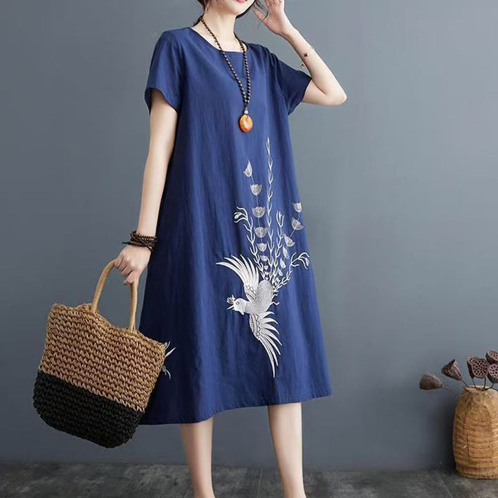 Buddha Stones Summer Printing Phoenix Pattern Short Sleeve Cotton Linen Midi Dress - Navy - US14，UK/AU18，EU46 (4XL) - image 4