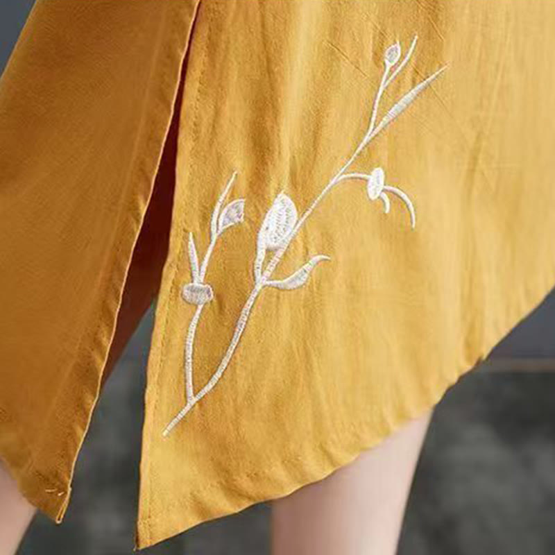 Buddha Stones Summer Printing Phoenix Pattern Short Sleeve Cotton Linen Midi Dress - image 14