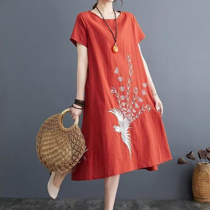 Buddha Stones Summer Printing Phoenix Pattern Short Sleeve Cotton Linen Midi Dress - image 3
