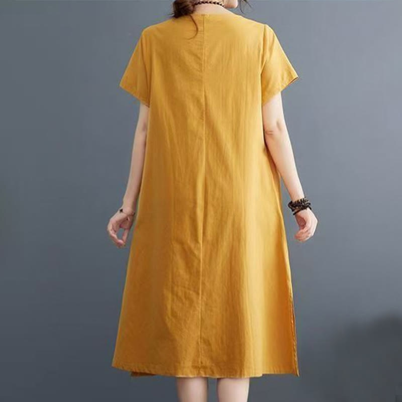 Buddha Stones Summer Printing Phoenix Pattern Short Sleeve Cotton Linen Midi Dress - image 10