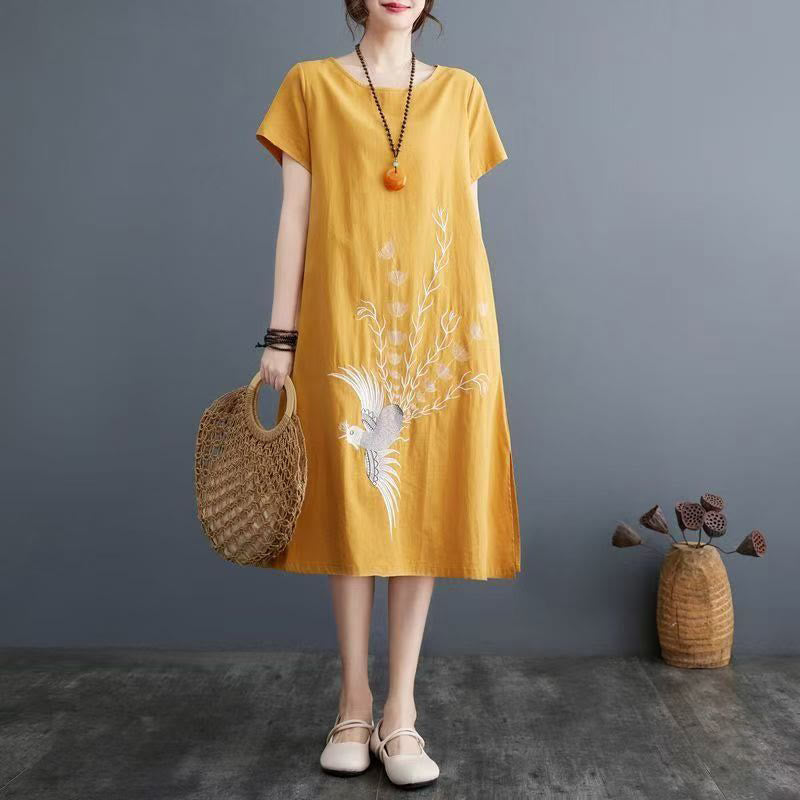 Buddha Stones Summer Printing Phoenix Pattern Short Sleeve Cotton Linen Midi Dress - Gold - US14，UK/AU18，EU46 (4XL) - image 8