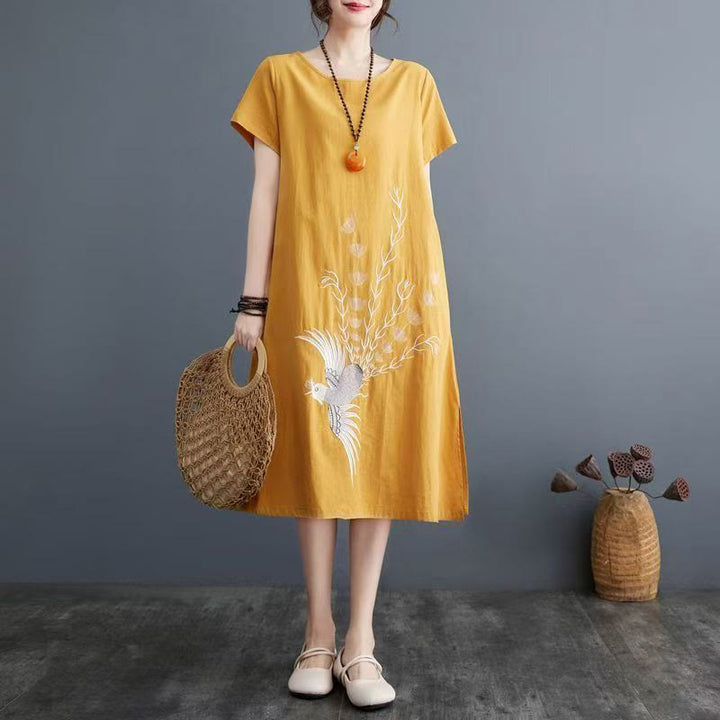Buddha Stones Summer Printing Phoenix Pattern Short Sleeve Cotton Linen Midi Dress - Gold - US14，UK/AU18，EU46 (4XL) - image 8