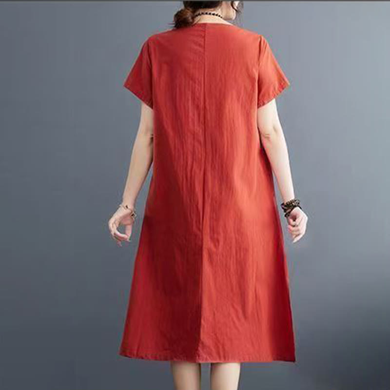 Buddha Stones Summer Printing Phoenix Pattern Short Sleeve Cotton Linen Midi Dress - image 2