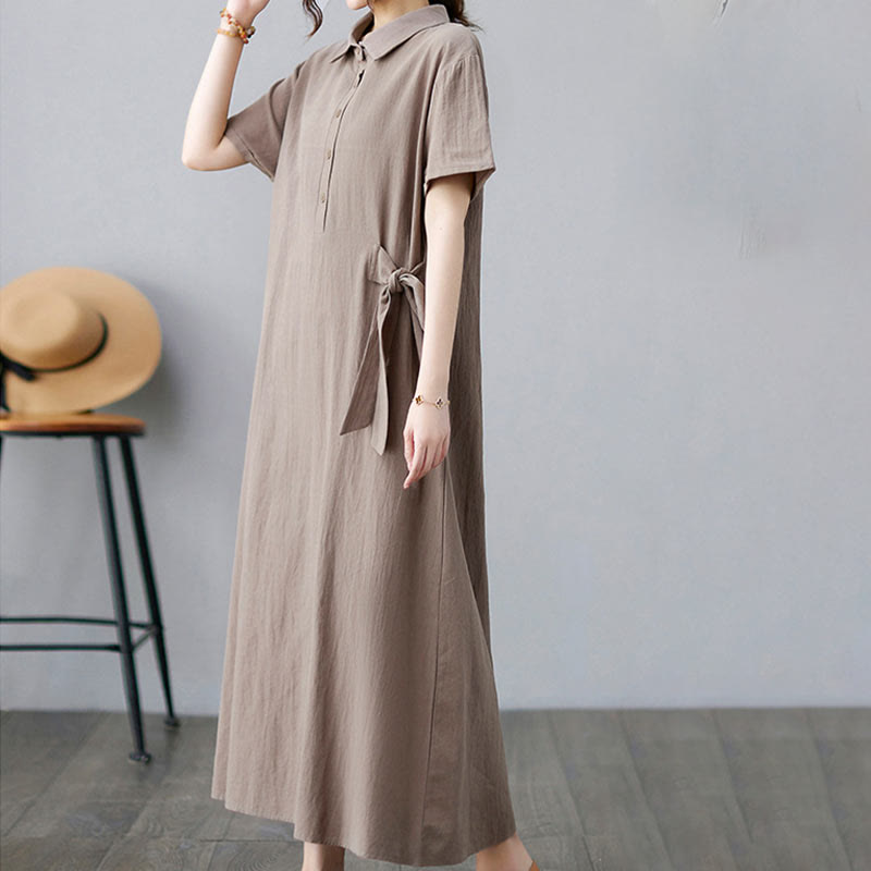 Buddha Stones Casual Plain Side Lace-Up Lapel Short Sleeve Cotton Linen Midi Dress With Pockets - image 2