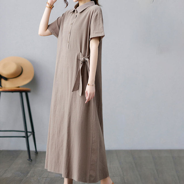 Buddha Stones Casual Plain Side Lace-Up Lapel Short Sleeve Cotton Linen Midi Dress With Pockets - image 2