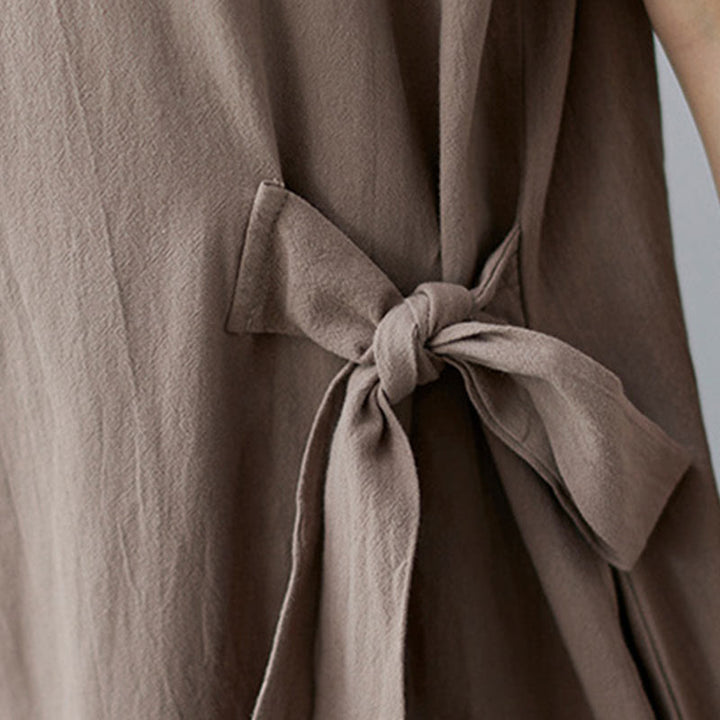 Buddha Stones Casual Plain Side Lace-Up Lapel Short Sleeve Cotton Linen Midi Dress With Pockets - image 9