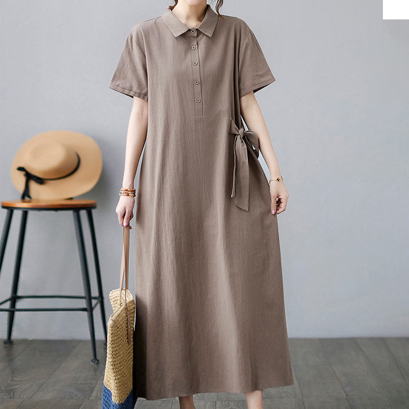 Buddha Stones Casual Plain Side Lace-Up Lapel Short Sleeve Cotton Linen Midi Dress With Pockets - image 3