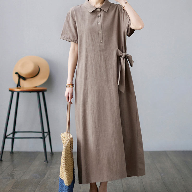 Buddha Stones Casual Plain Side Lace-Up Lapel Short Sleeve Cotton Linen Midi Dress With Pockets - DarkKhaki - US8-10，UK/AU12-14，EU40-42 (2XL) - image 0