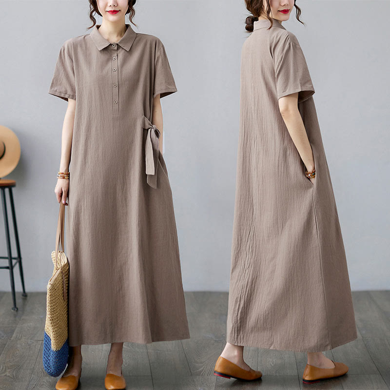 Buddha Stones Casual Plain Side Lace-Up Lapel Short Sleeve Cotton Linen Midi Dress With Pockets - image 5