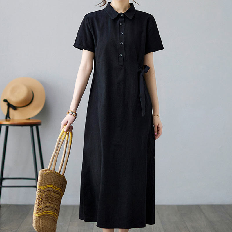 Buddha Stones Casual Plain Side Lace-Up Lapel Short Sleeve Cotton Linen Midi Dress With Pockets - image 14
