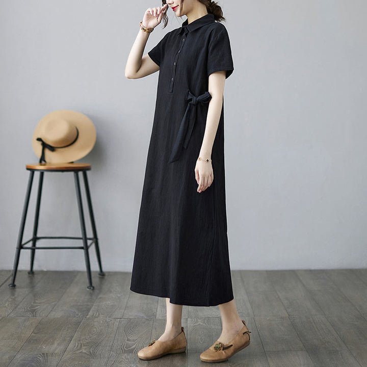 Buddha Stones Casual Plain Side Lace-Up Lapel Short Sleeve Cotton Linen Midi Dress With Pockets - image 13