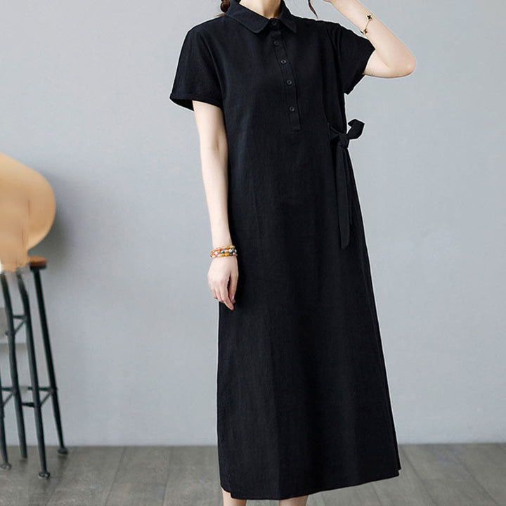 Buddha Stones Casual Plain Side Lace-Up Lapel Short Sleeve Cotton Linen Midi Dress With Pockets - image 17
