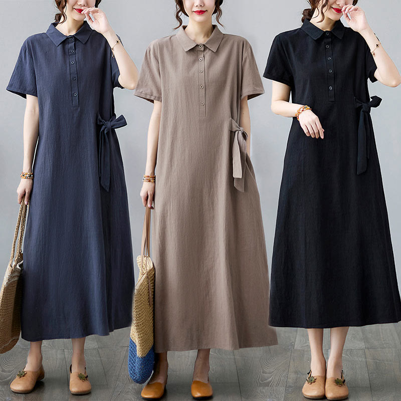 Buddha Stones Casual Plain Side Lace-Up Lapel Short Sleeve Cotton Linen Midi Dress With Pockets - image 25