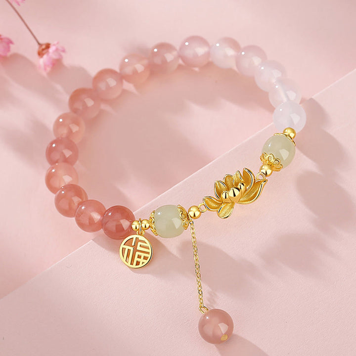 Buddha Stones 925 Sterling Silver Natural Gradient Agate Hetian Jade Lotus Fu Character Enlightenment Bracelet - image 2