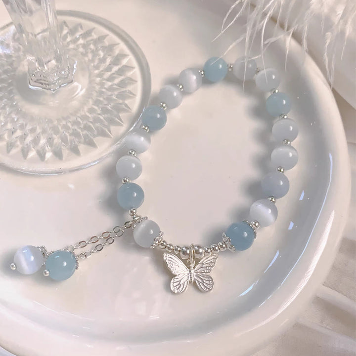 Buddha Stones Cat's Eye Aquamarine Butterfly Charm Support Bracelet - image 2
