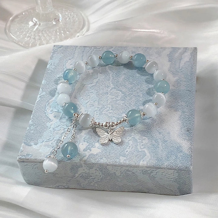 Buddha Stones Cat's Eye Aquamarine Butterfly Charm Support Bracelet - image 3