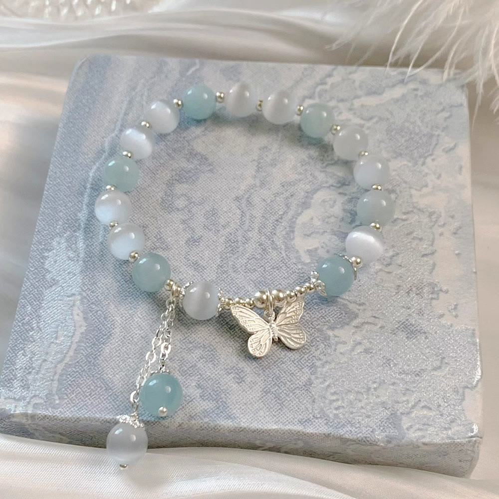 Buddha Stones Cat's Eye Aquamarine Butterfly Charm Support Bracelet - image 11