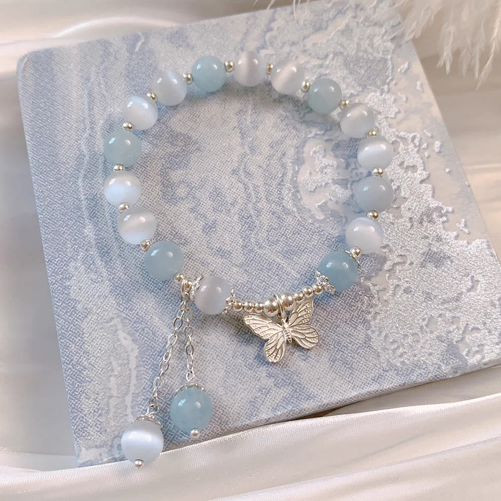 Buddha Stones Cat's Eye Aquamarine Butterfly Charm Support Bracelet - image 1