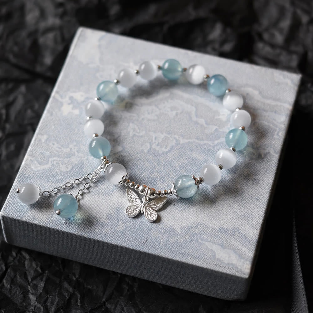 Buddha Stones Cat's Eye Aquamarine Butterfly Charm Support Bracelet - image 14