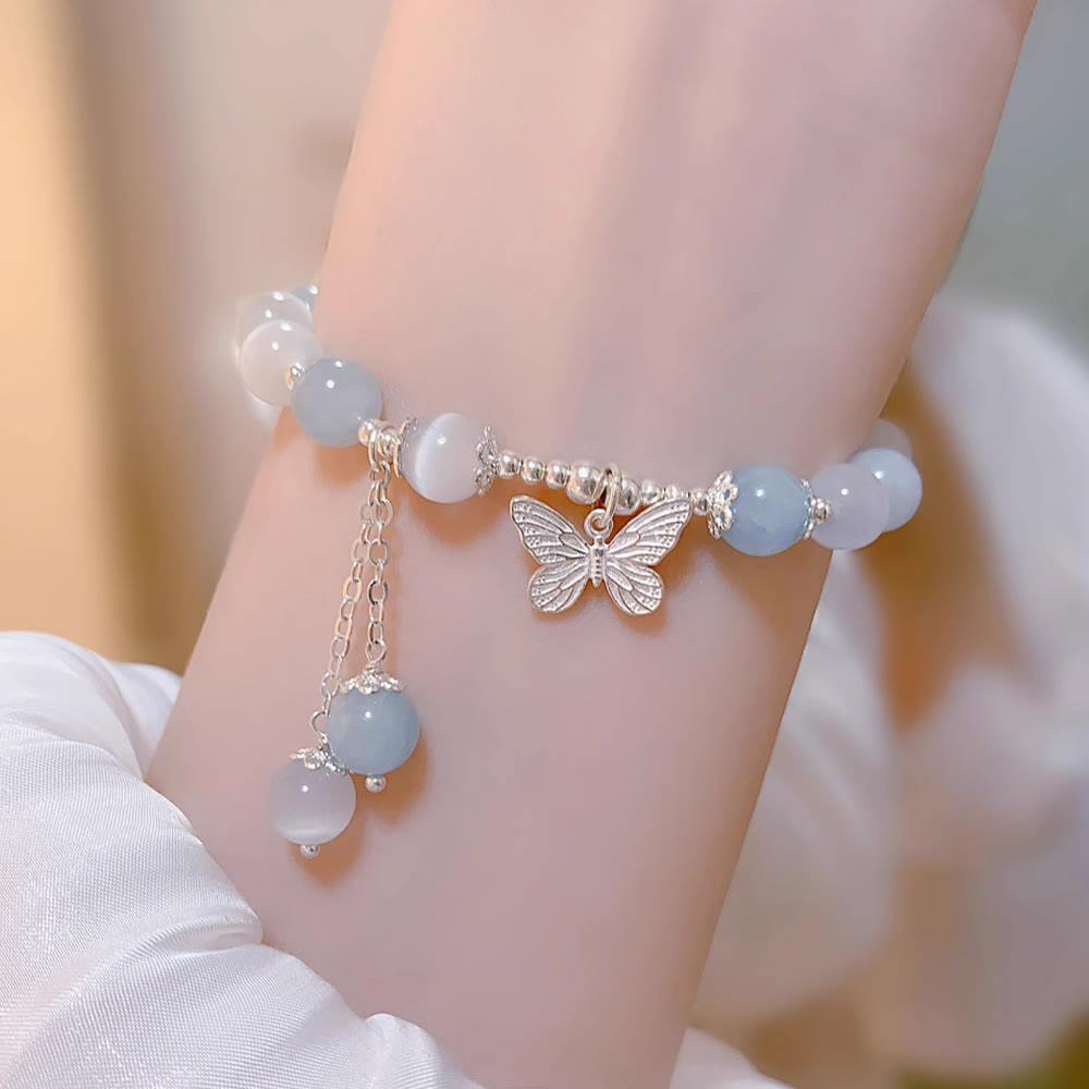Buddha Stones Cat's Eye Aquamarine Butterfly Charm Support Bracelet - image 8
