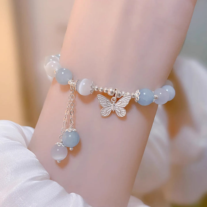 Buddha Stones Cat's Eye Aquamarine Butterfly Charm Support Bracelet - image 8