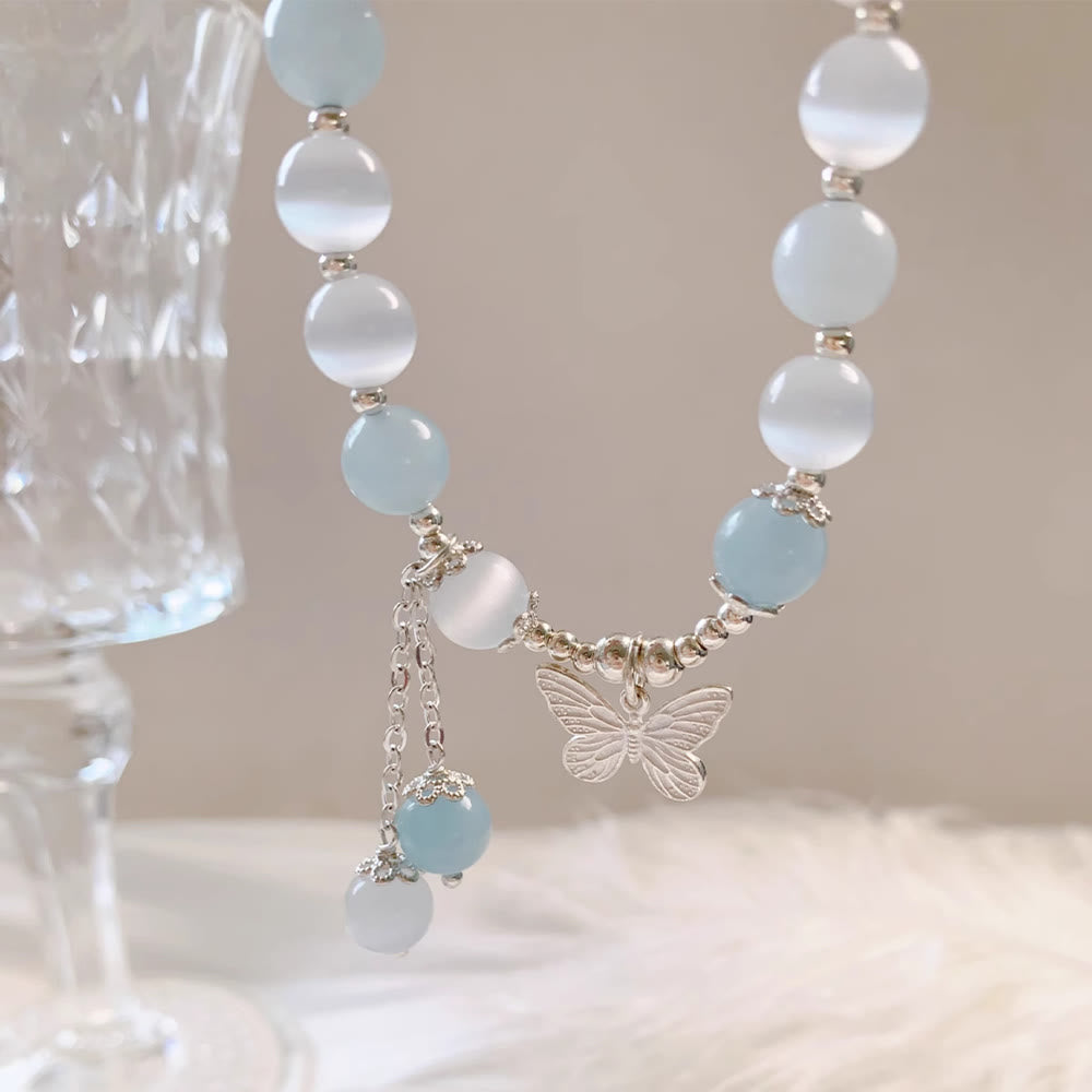 Buddha Stones Cat's Eye Aquamarine Butterfly Charm Support Bracelet - image 13
