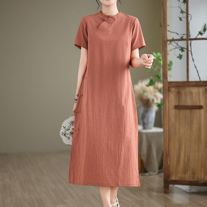 Buddha Stones Summer Vintage Pure Color Chinese Frog-Button Cheongsam Qipao Midi Dress - DarkSalmon - US8-10，UK/AU12-14，EU40-42 (2XL) - image 0