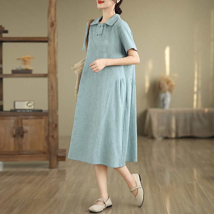 Buddha Stones Plain Jacquard Lapel Cotton Linen Short Sleeve Midi Dress With Pockets - PaleTurquoise - US8-10，UK/AU12-14，EU40-42 (2XL) - image 21