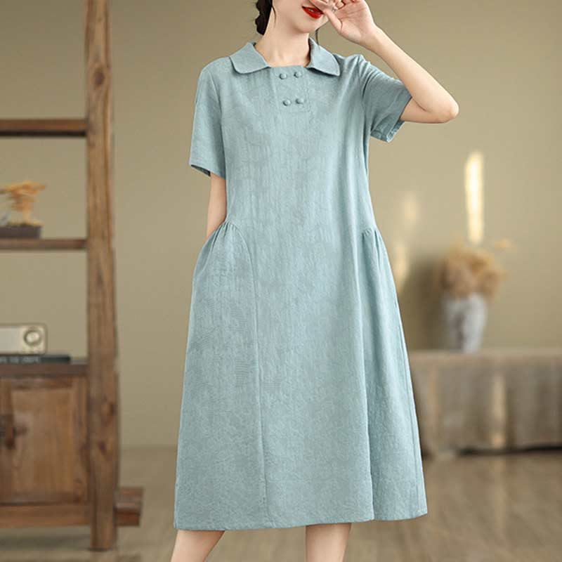 Buddha Stones Plain Jacquard Lapel Cotton Linen Short Sleeve Midi Dress With Pockets - image 24