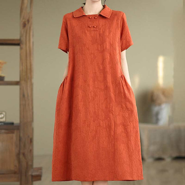 Buddha Stones Plain Jacquard Lapel Cotton Linen Short Sleeve Midi Dress With Pockets - image 13