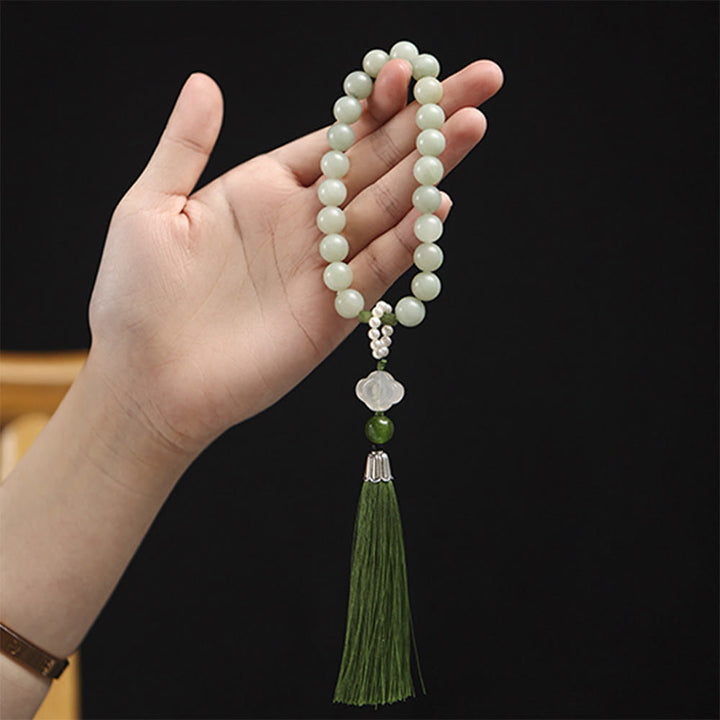 Buddha Stones Green Jade Beads Pearl Prosperity Tassels Wrist Mala - image 9