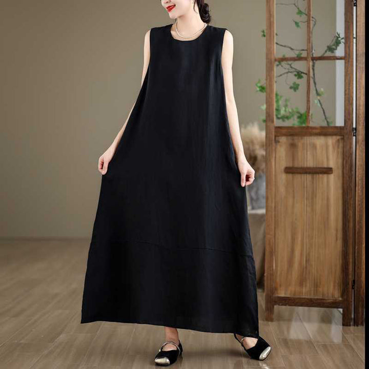 Buddha Stones Spring Plain Irregular Sleeveless Cotton Linen Midi Dress With Pockets - image 13