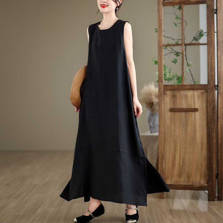 Buddha Stones Spring Plain Irregular Sleeveless Cotton Linen Midi Dress With Pockets - image 11