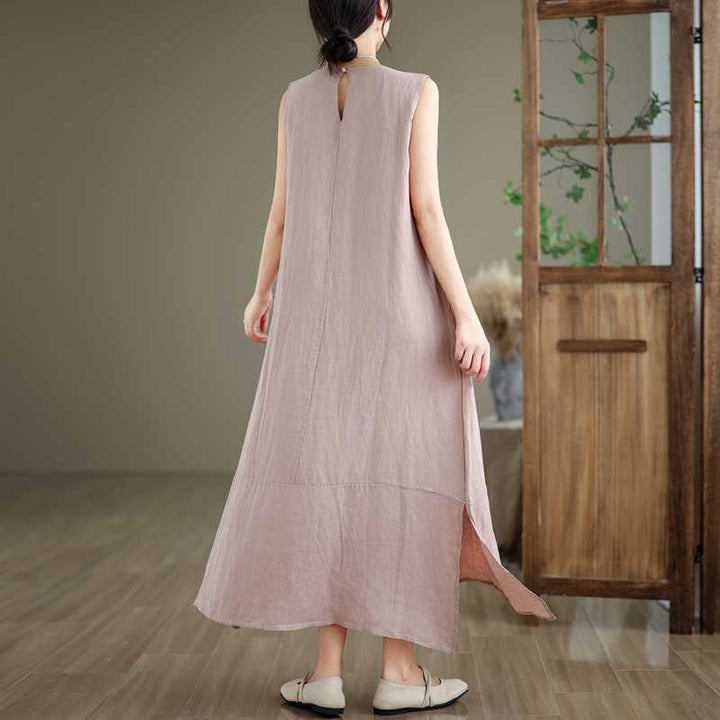 Buddha Stones Spring Plain Irregular Sleeveless Cotton Linen Midi Dress With Pockets - image 20