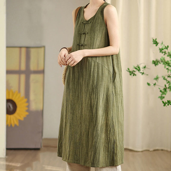 Buddha Stones Tie Dye Chinese Frog-Button Ramie Linen Sleeveless Midi Dress With Pockets - image 1