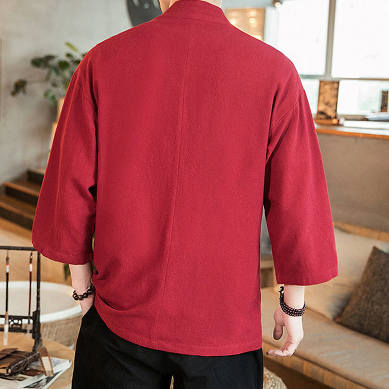 Buddha Stones Plain Chinese Frog-Button Jacket Cotton Linen Men's Three Quarter Sleeve Kimono - image 26