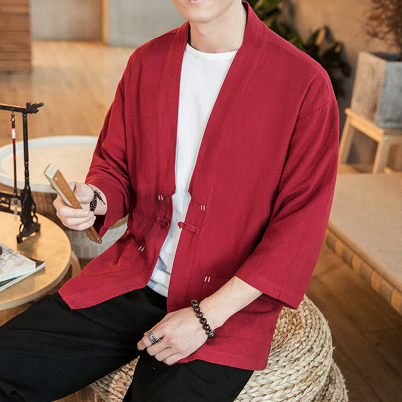 Buddha Stones Plain Chinese Frog-Button Jacket Cotton Linen Men's Three Quarter Sleeve Kimono - Crimson - US/UK/AU46，EU56 (5XL) - image 20