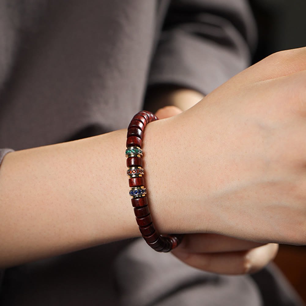 Buddha Stones Ebony Wood Small Leaf Red Sandalwood Zircon Peace Bracelet - image 9
