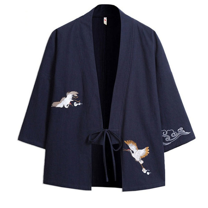 Buddha Stones Embroidery Open Front Jacket Cotton Linen Men's Three Quarter Sleeve Kimono - image 8