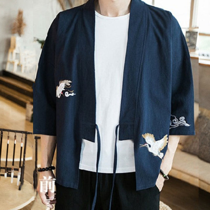 Buddha Stones Embroidery Open Front Jacket Cotton Linen Men's Three Quarter Sleeve Kimono - image 3