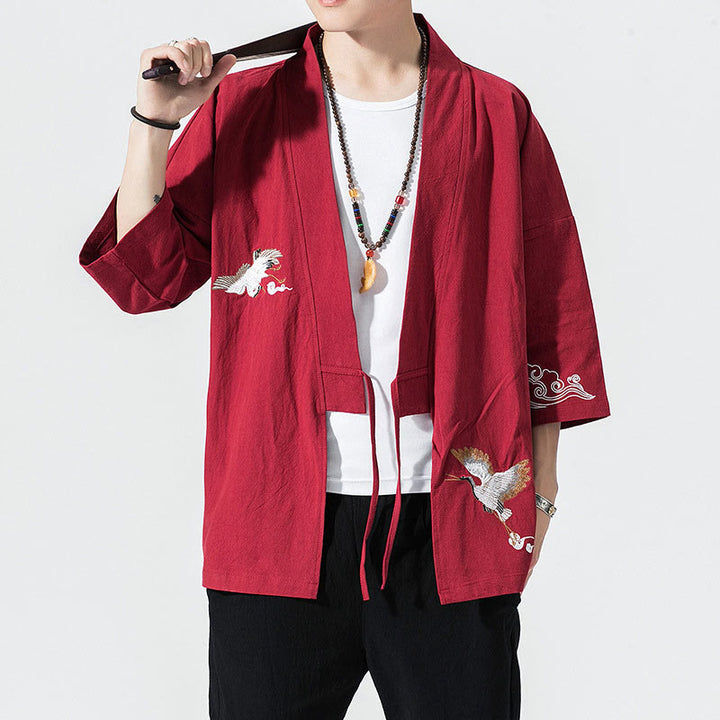 Buddha Stones Embroidery Open Front Jacket Cotton Linen Men's Three Quarter Sleeve Kimono - Crimson - US/UK/AU46，EU56 (5XL) - image 18