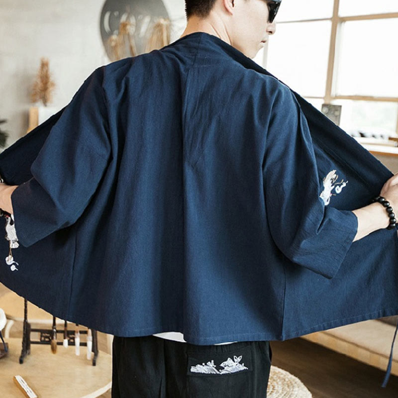 Buddha Stones Embroidery Open Front Jacket Men's Three Quarter Sleeve Kimono - image 4