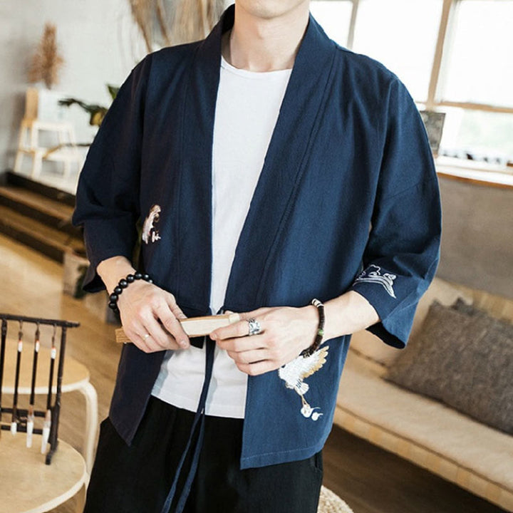 Buddha Stones Embroidery Open Front Jacket Cotton Linen Men's Three Quarter Sleeve Kimono - image 1