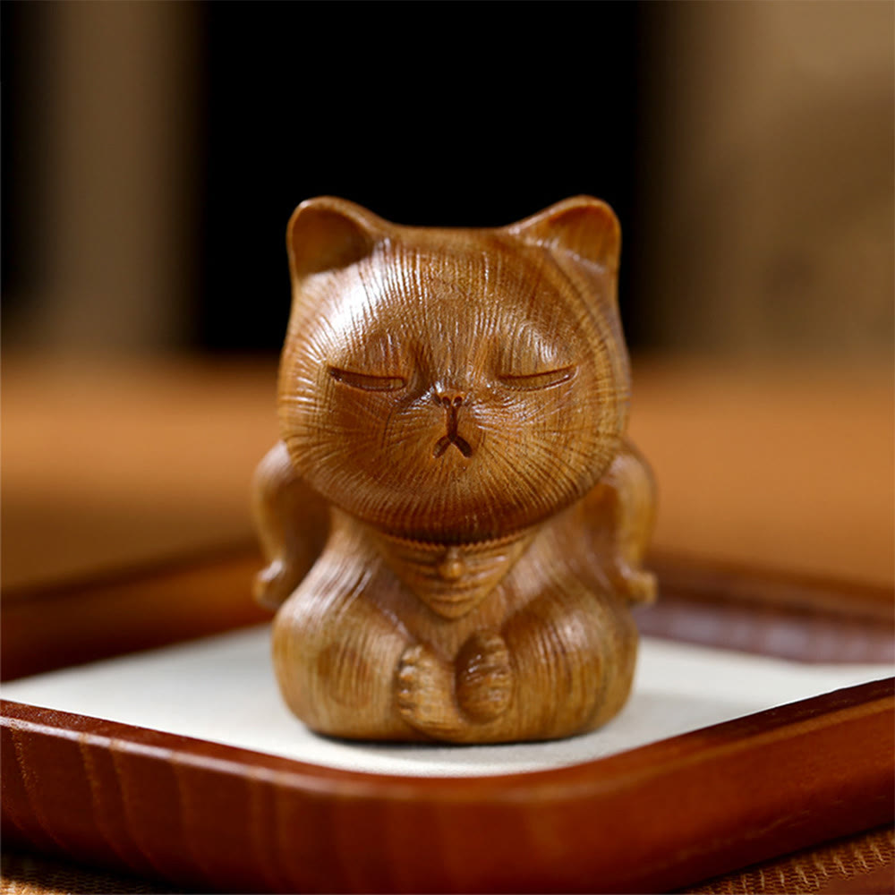 Buddha Stones Small Mini Green Sandalwood Lucky Cat Carved Soothing Decorations - Green Sandalwood 5*3.8*3.6cm - image 0